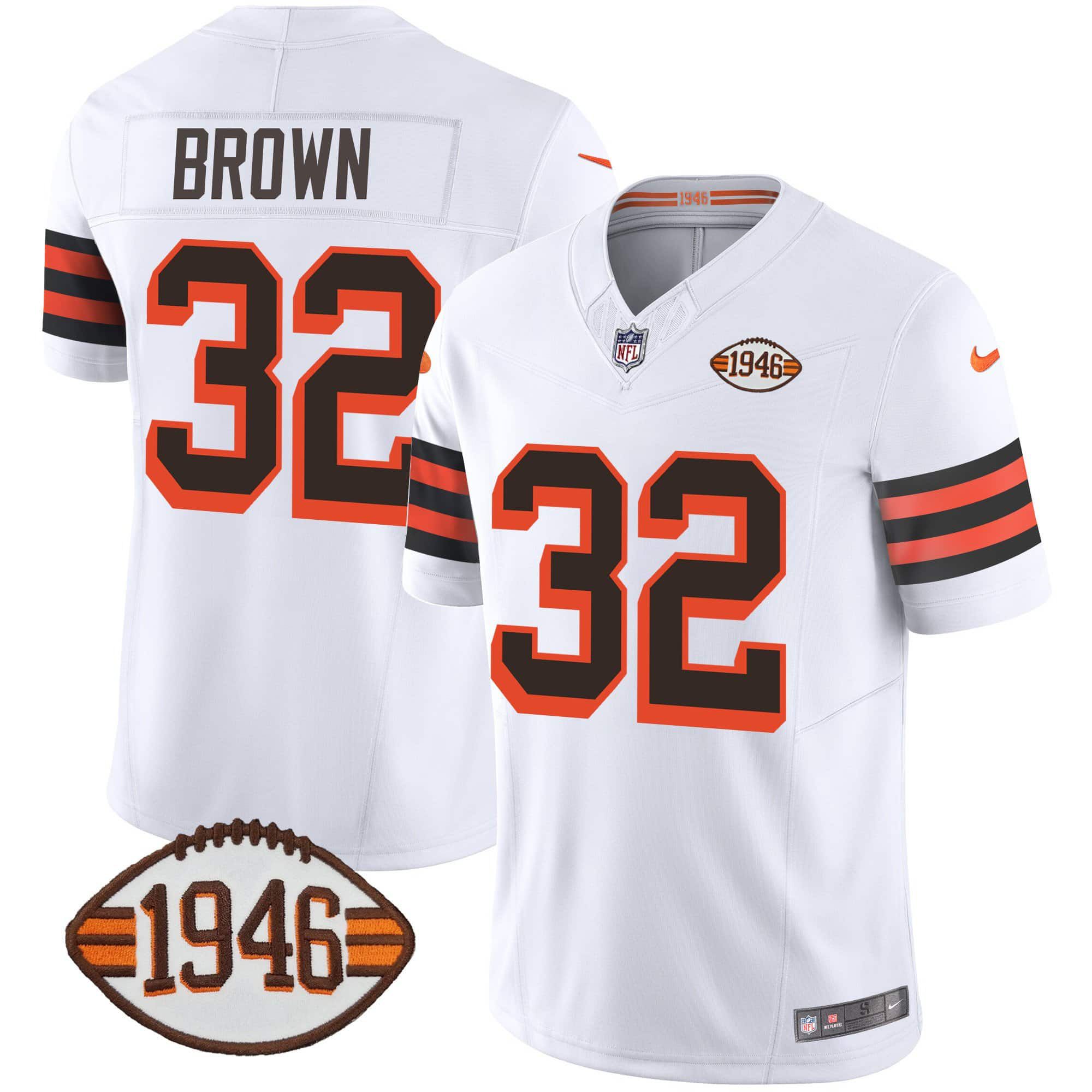 Men Cleveland Browns #32 Brown White 1946 75th Anniversary Patch 2024 Nike NFL Jersey